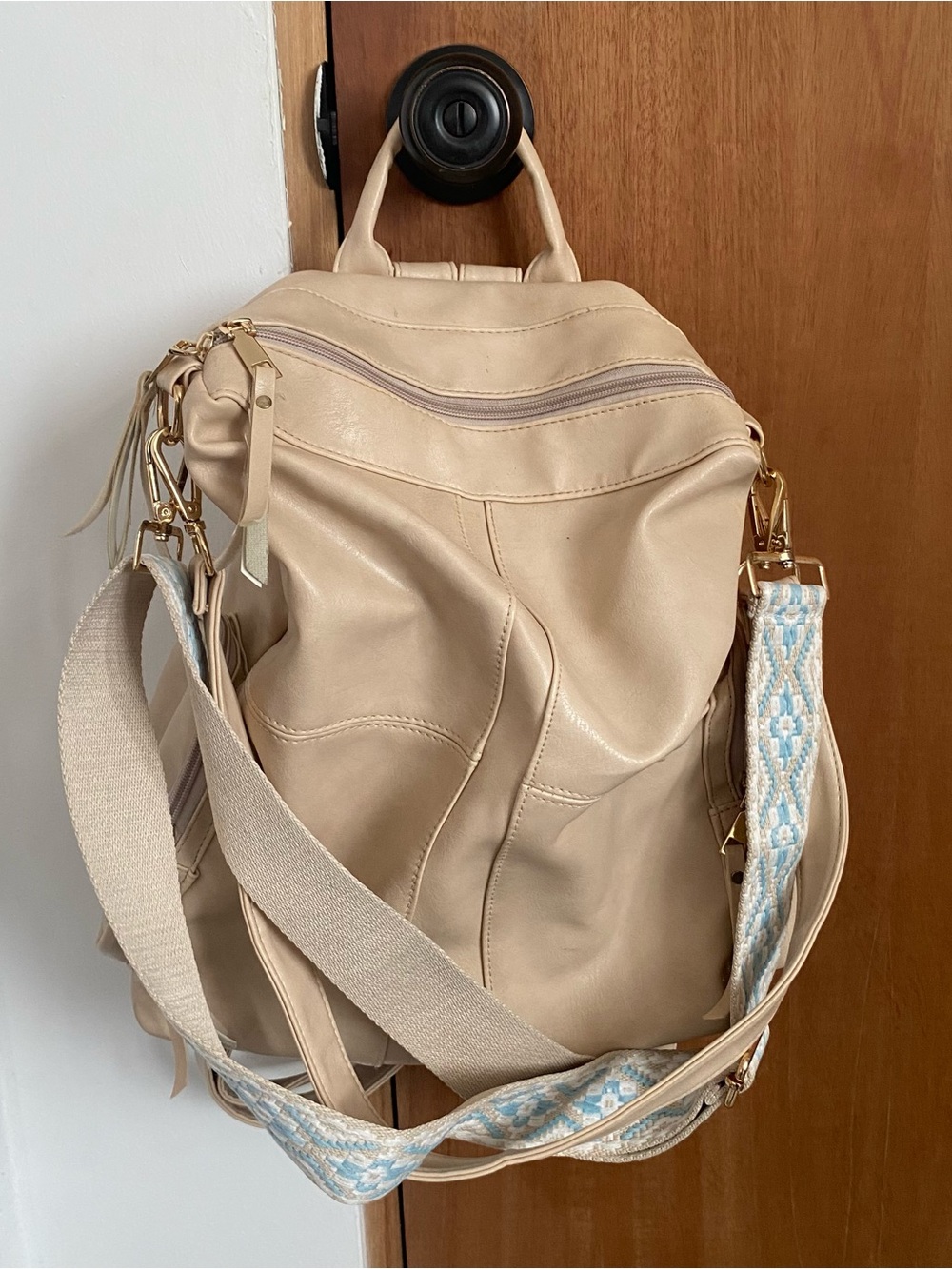 Beige Leather Convertible Women's Backpack with Patterned Strap